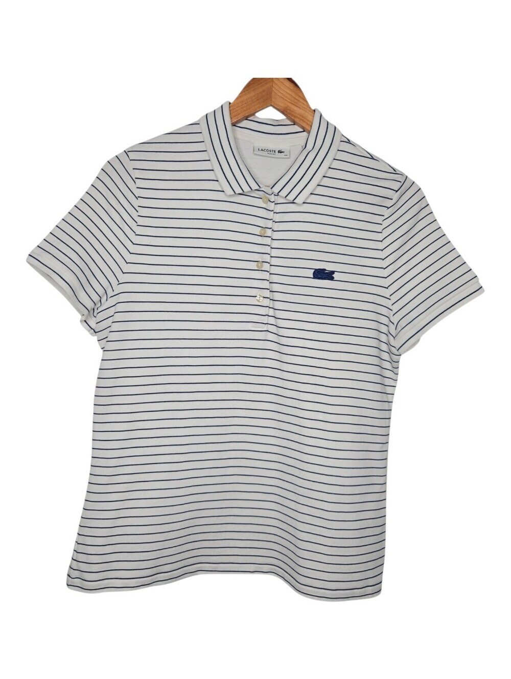 Lacoste Womens White Navy Blue Striped Textured Slim Fit Polo Shirt 44 (US 12)